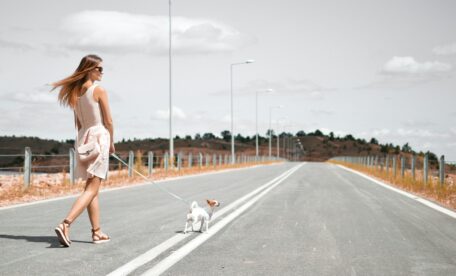 広い道を歩く女性と犬