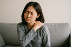 女性が肩を押さえて悩んでいるような仕草